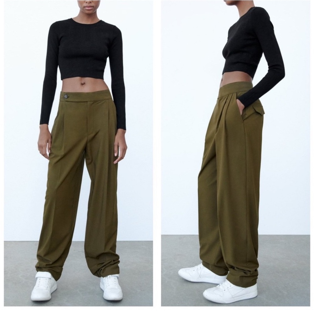 Zara Olive Green Women's Wide-Leg Pants